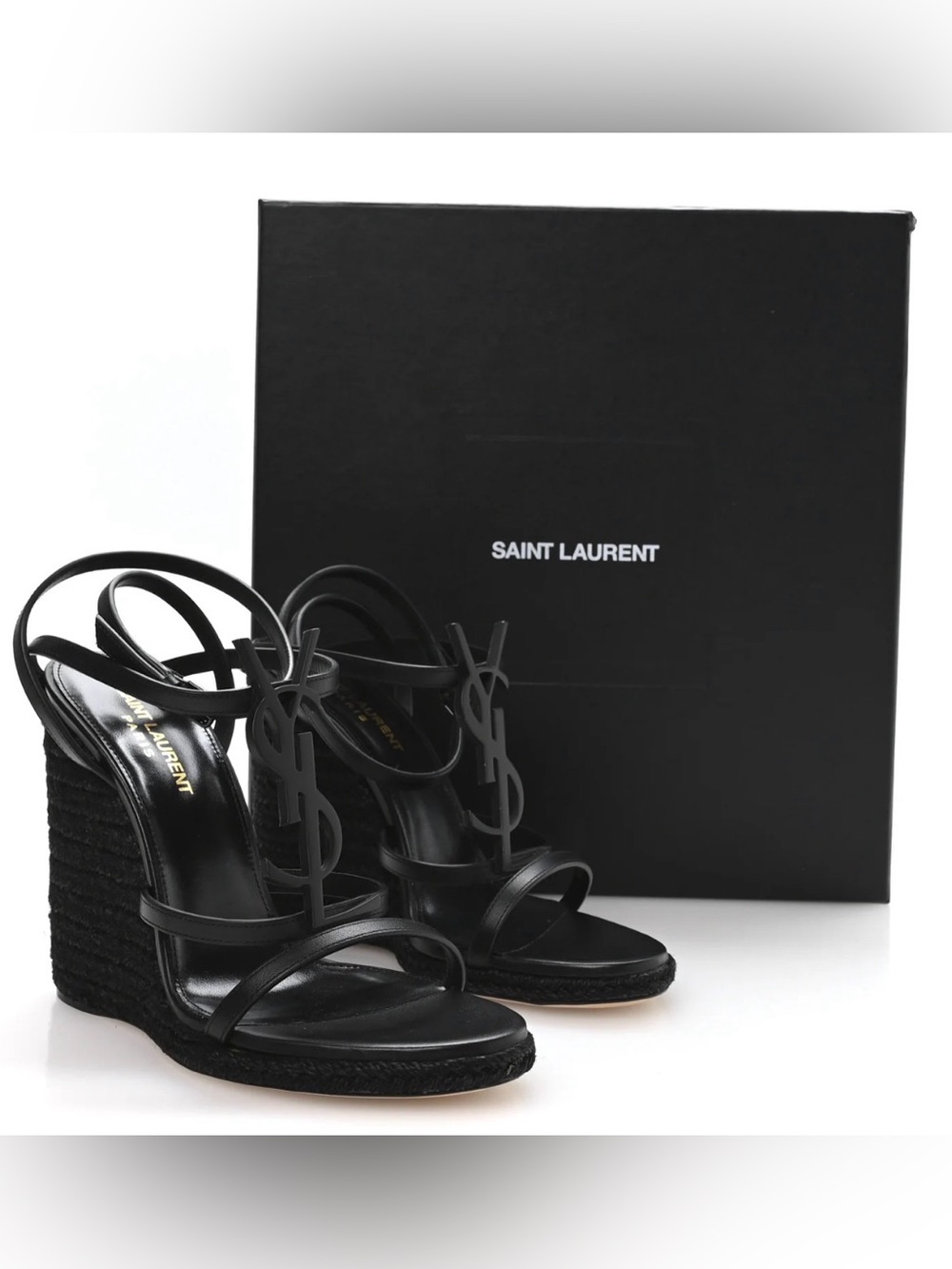 Saint Laurent Black Leather YSL Logo Wedge Espadrilles